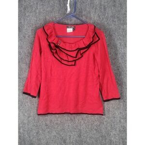 City Girl Nancy Boler Red Ruffle Trim Knit Top 3/4 Sleeve Women's Medium Holiday